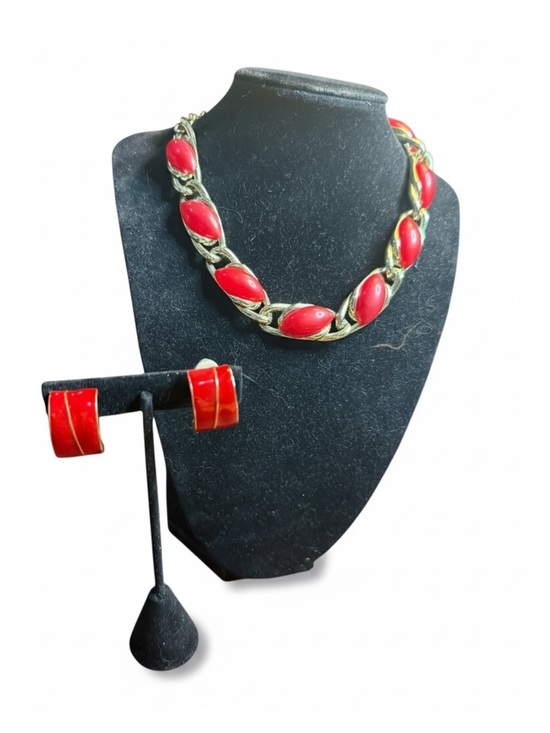 Jewelry - 1950’s Red Thermoset Gold Tone Choker Necklace + 90's Enamel Earrings Set